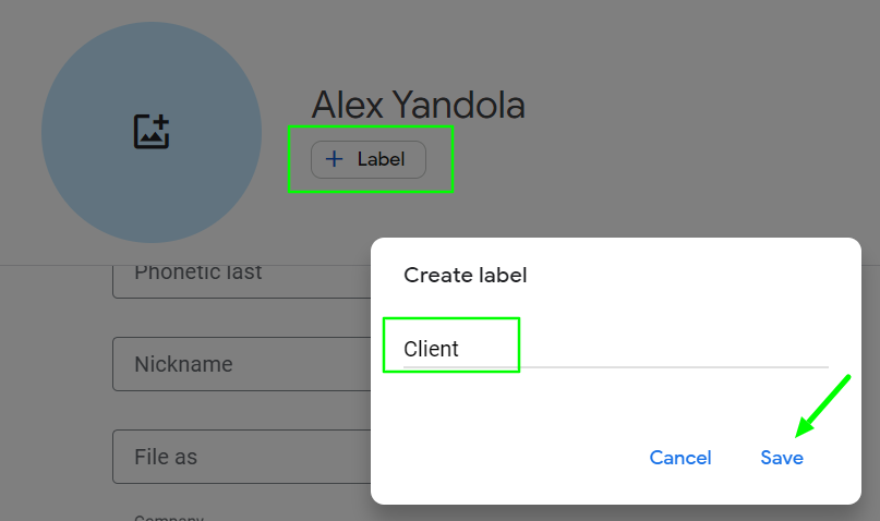 Creating a label for a contact