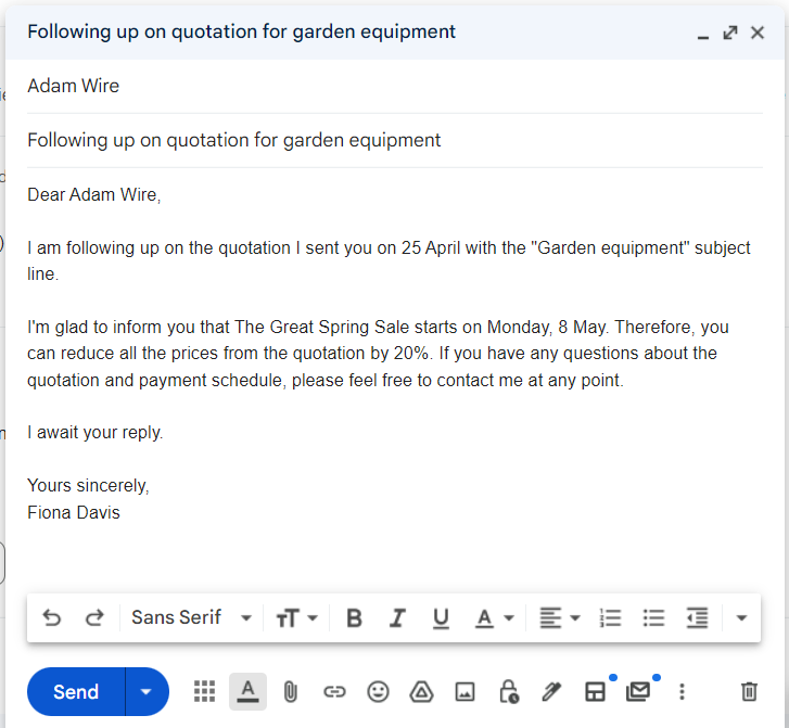 Follow-up quotation email sample