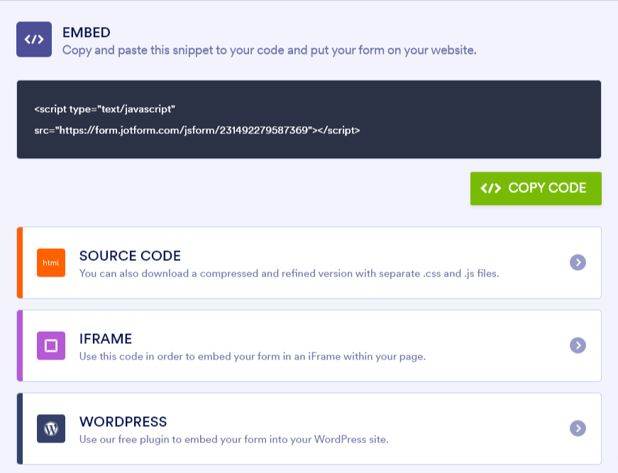 Code for embedding a form