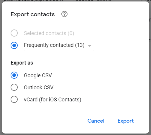 Export contacts window