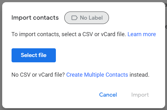 A window for importing contacts